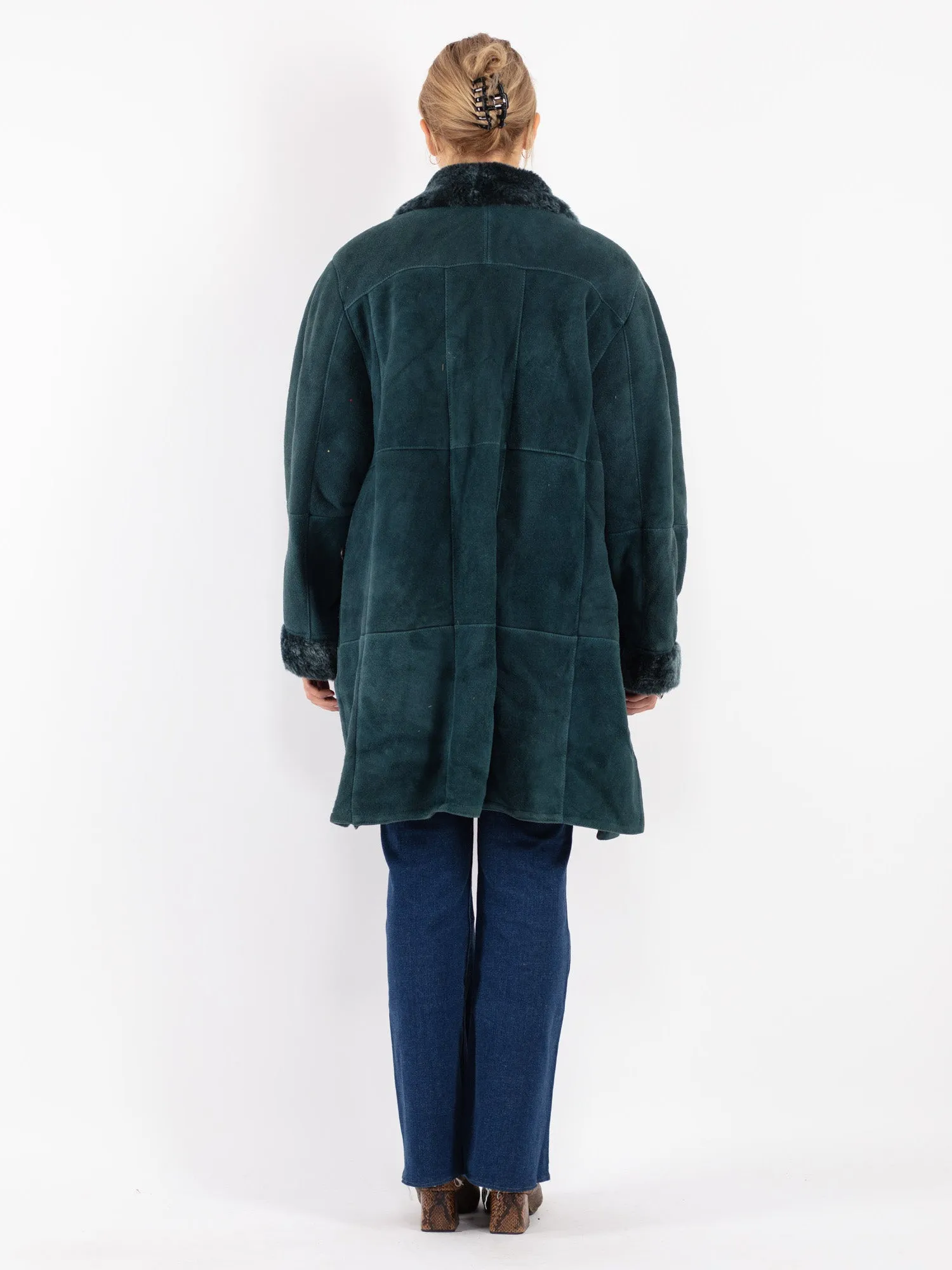 Vintage 70's Women Sheepskin Coat in Teal Blue