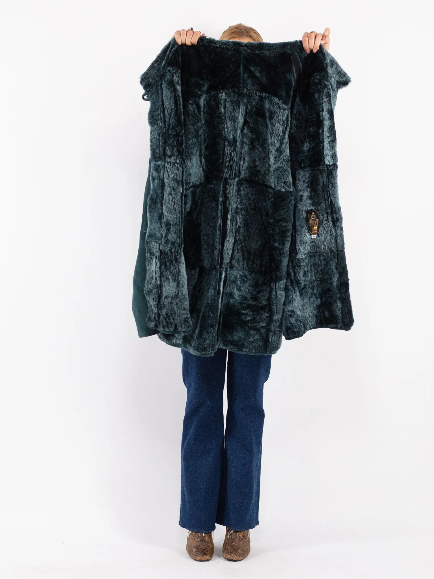 Vintage 70's Women Sheepskin Coat in Teal Blue