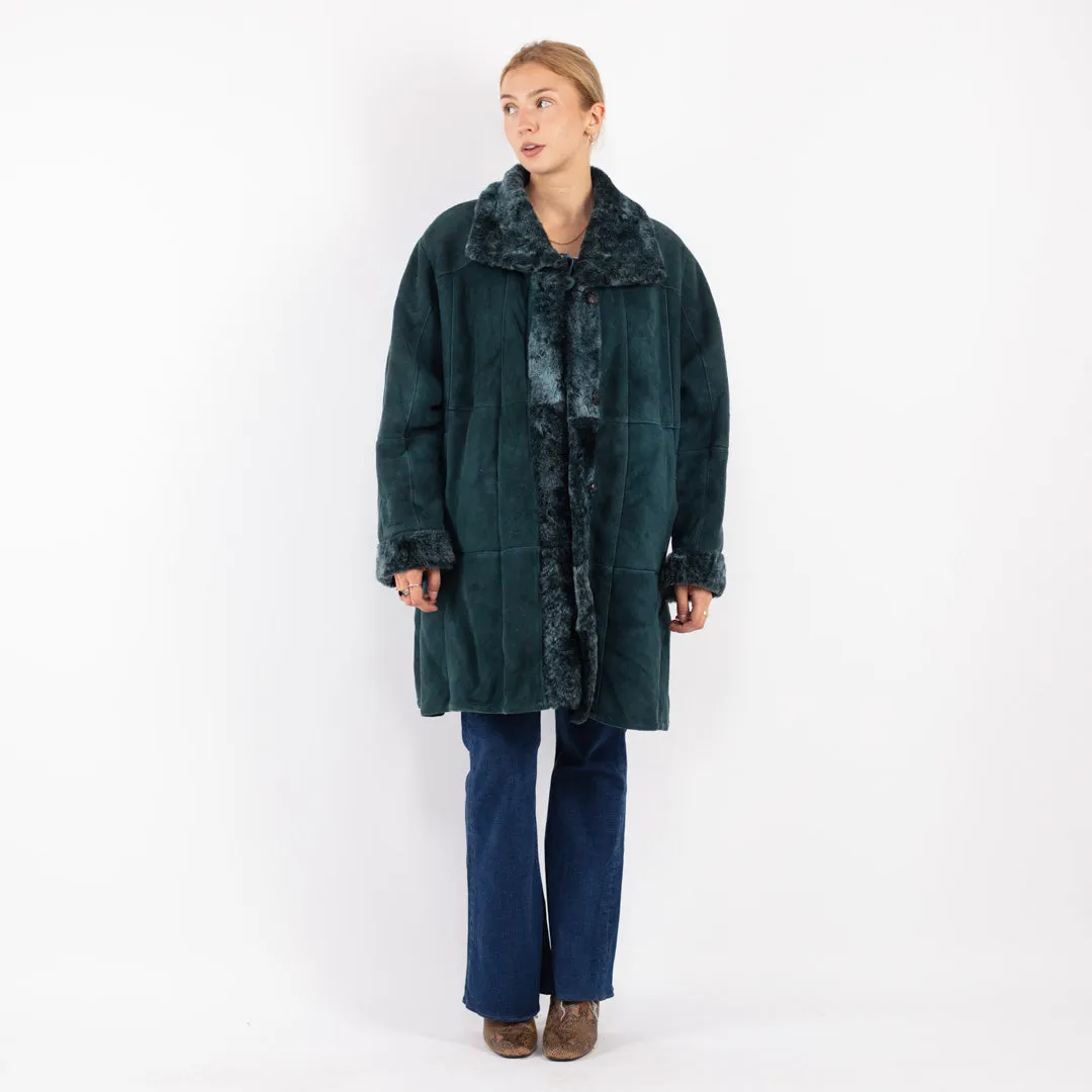 Vintage 70's Women Sheepskin Coat in Teal Blue