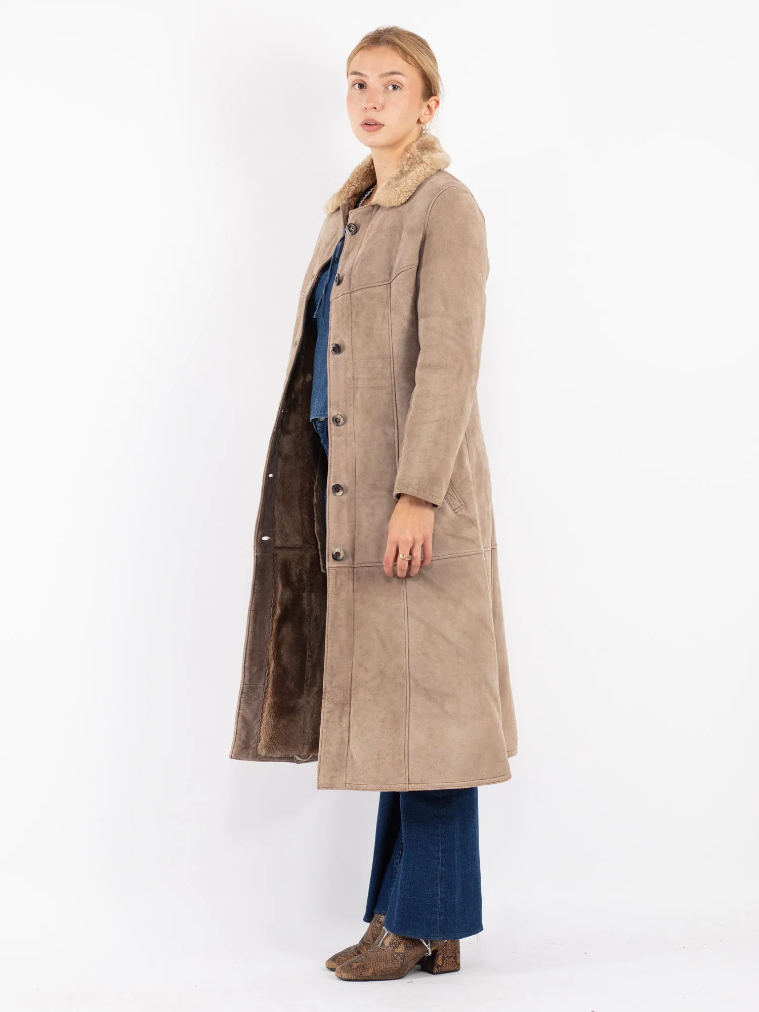 Vintage 70's Women Sheepskin Long Coat in Beige