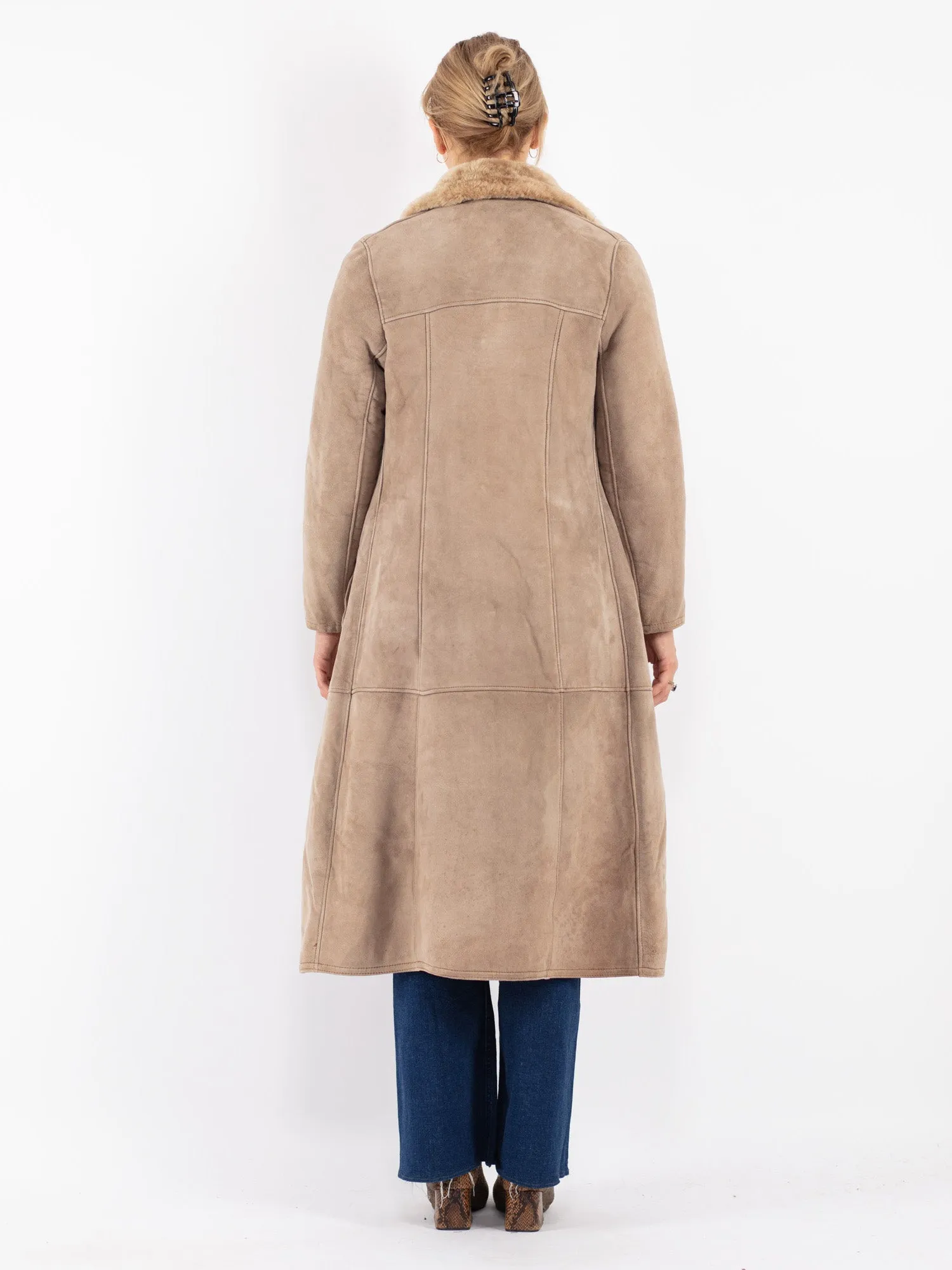 Vintage 70's Women Sheepskin Long Coat in Beige