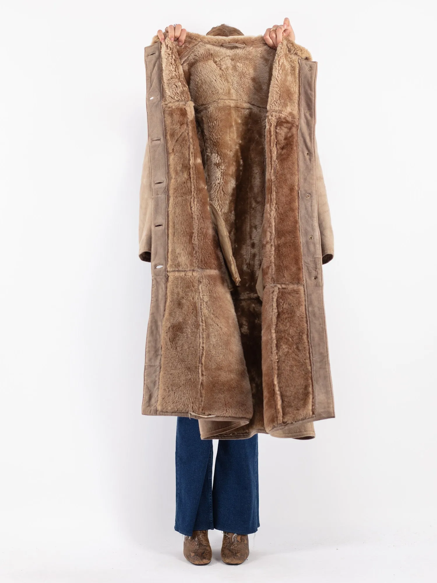 Vintage 70's Women Sheepskin Long Coat in Beige