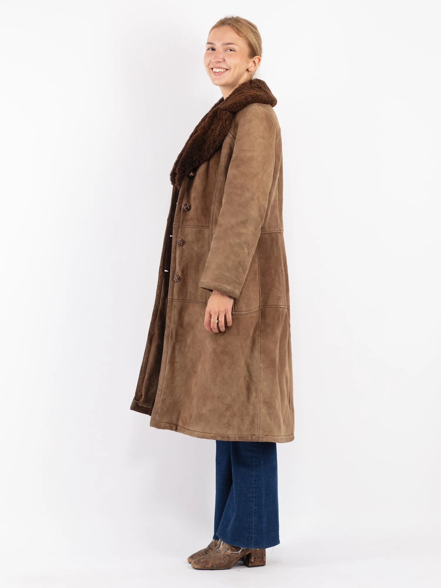 Vintage 70's Women Sheepskin Long Coat in Brown