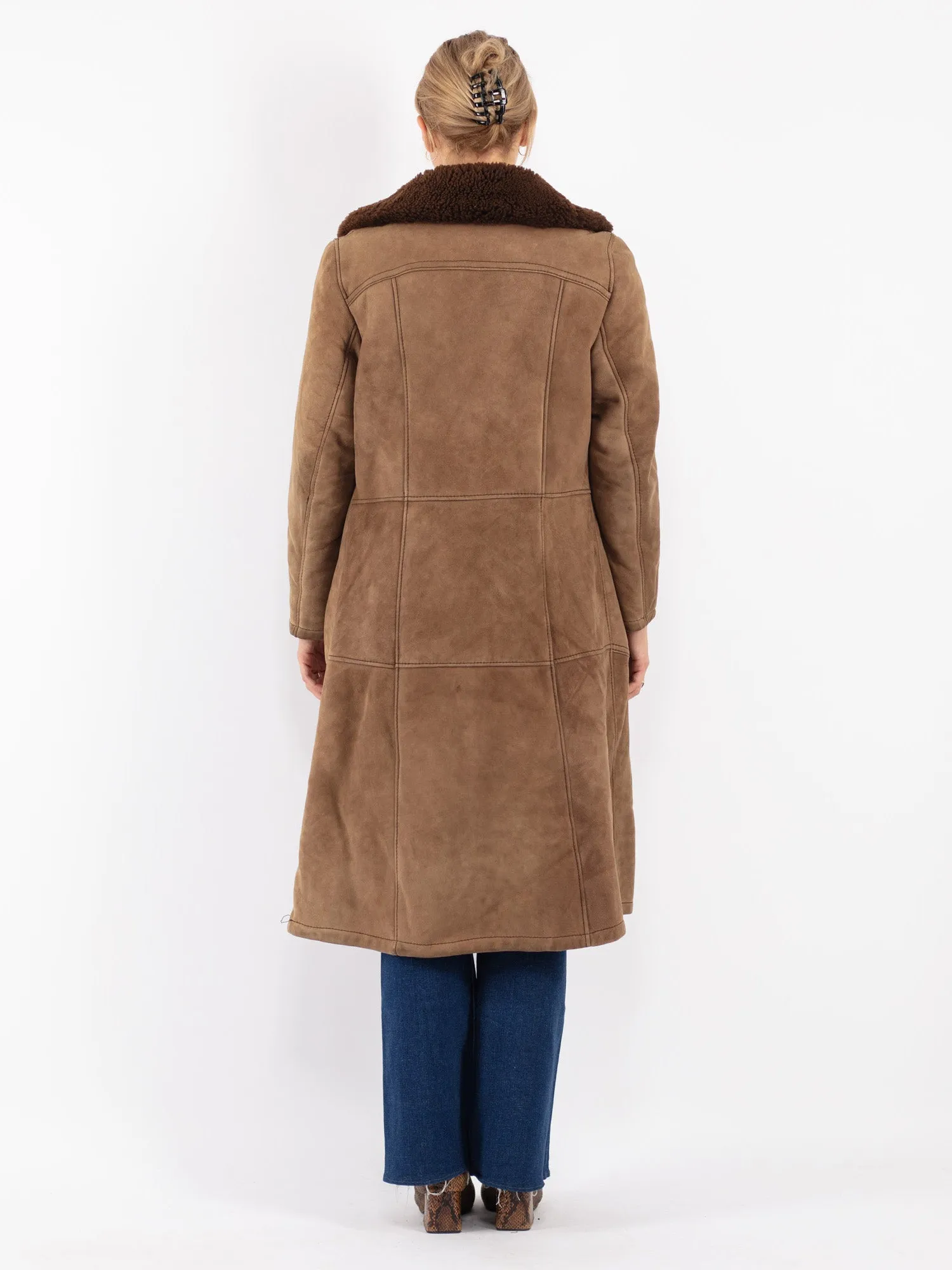 Vintage 70's Women Sheepskin Long Coat in Brown