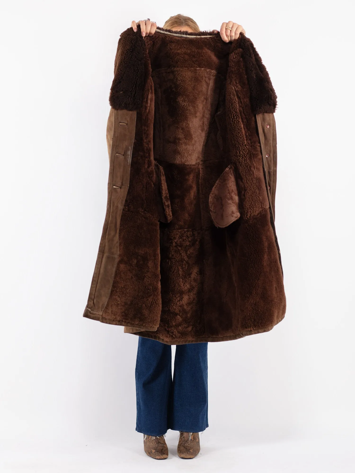 Vintage 70's Women Sheepskin Long Coat in Brown