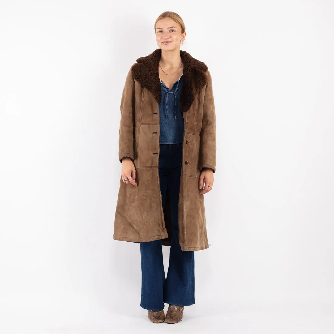 Vintage 70's Women Sheepskin Long Coat in Brown