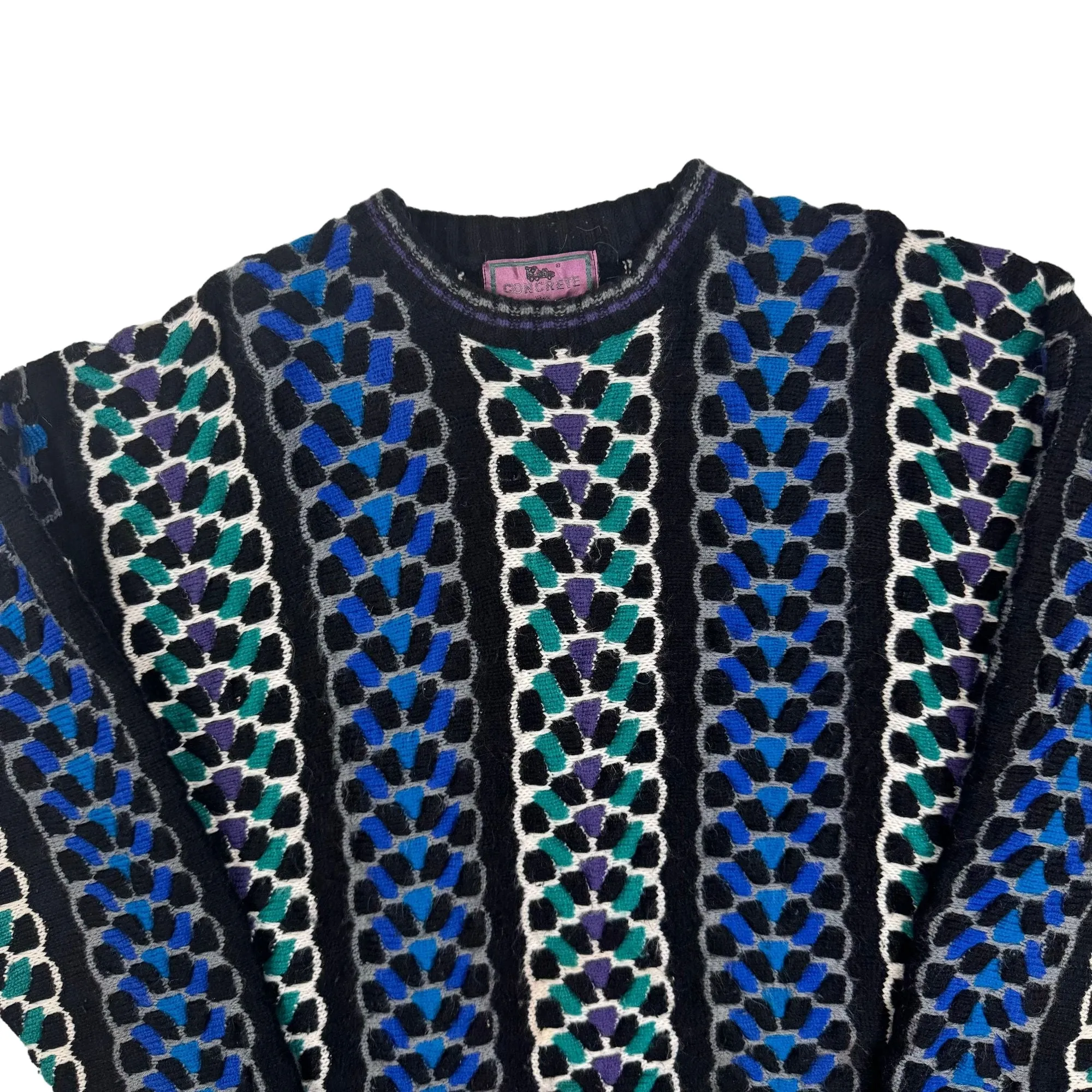 Vintage 80's Concrete Patterned Knit Sweater Blue Black Green