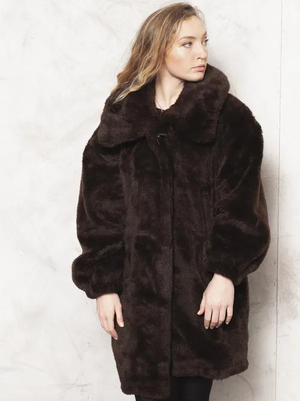 Vintage 80's Faux Fur Women Coat Brown