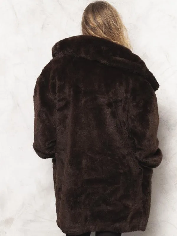 Vintage 80's Faux Fur Women Coat Brown