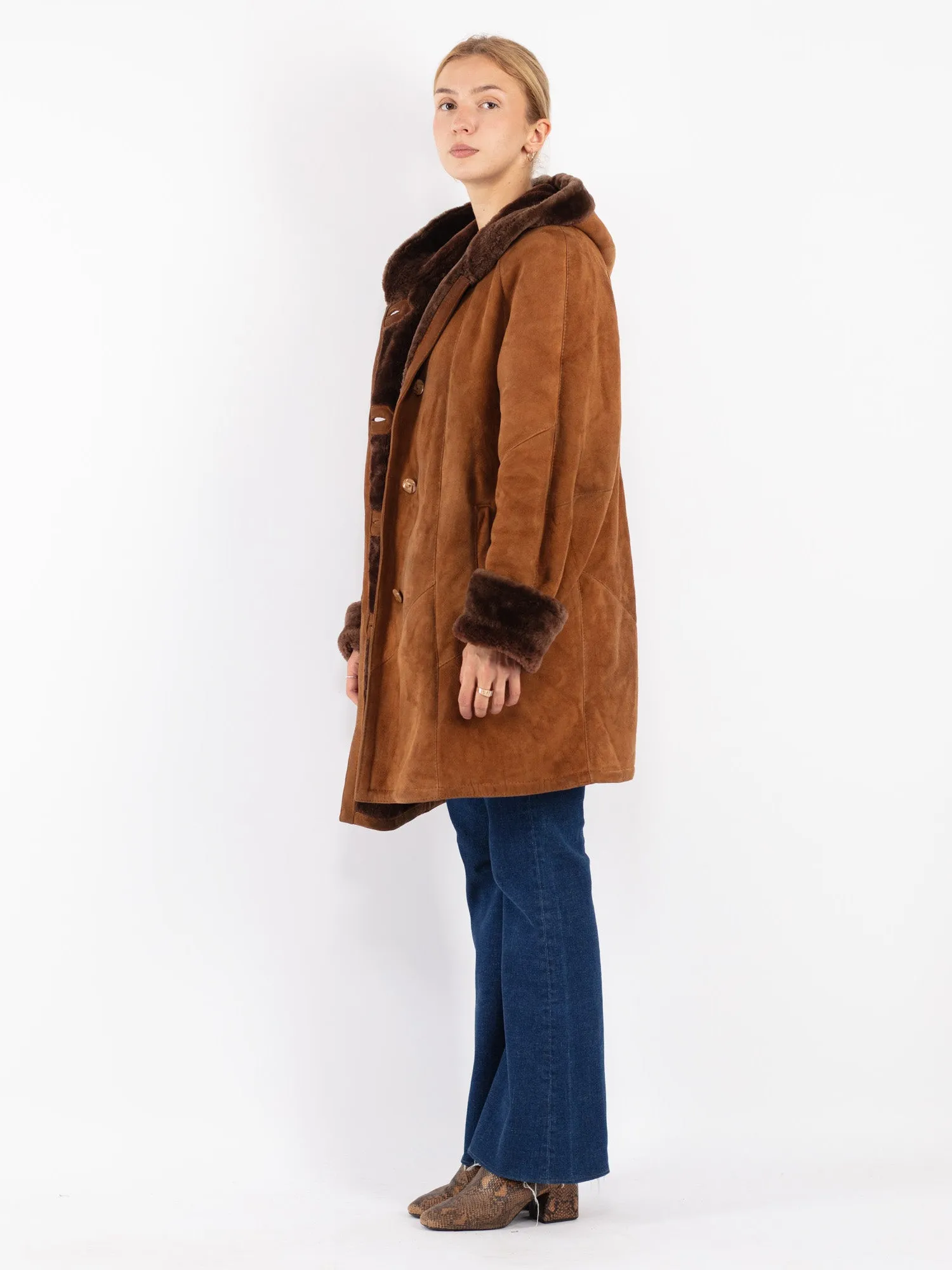 Vintage 80's Women Hooded Sheepskin Coat in Brown