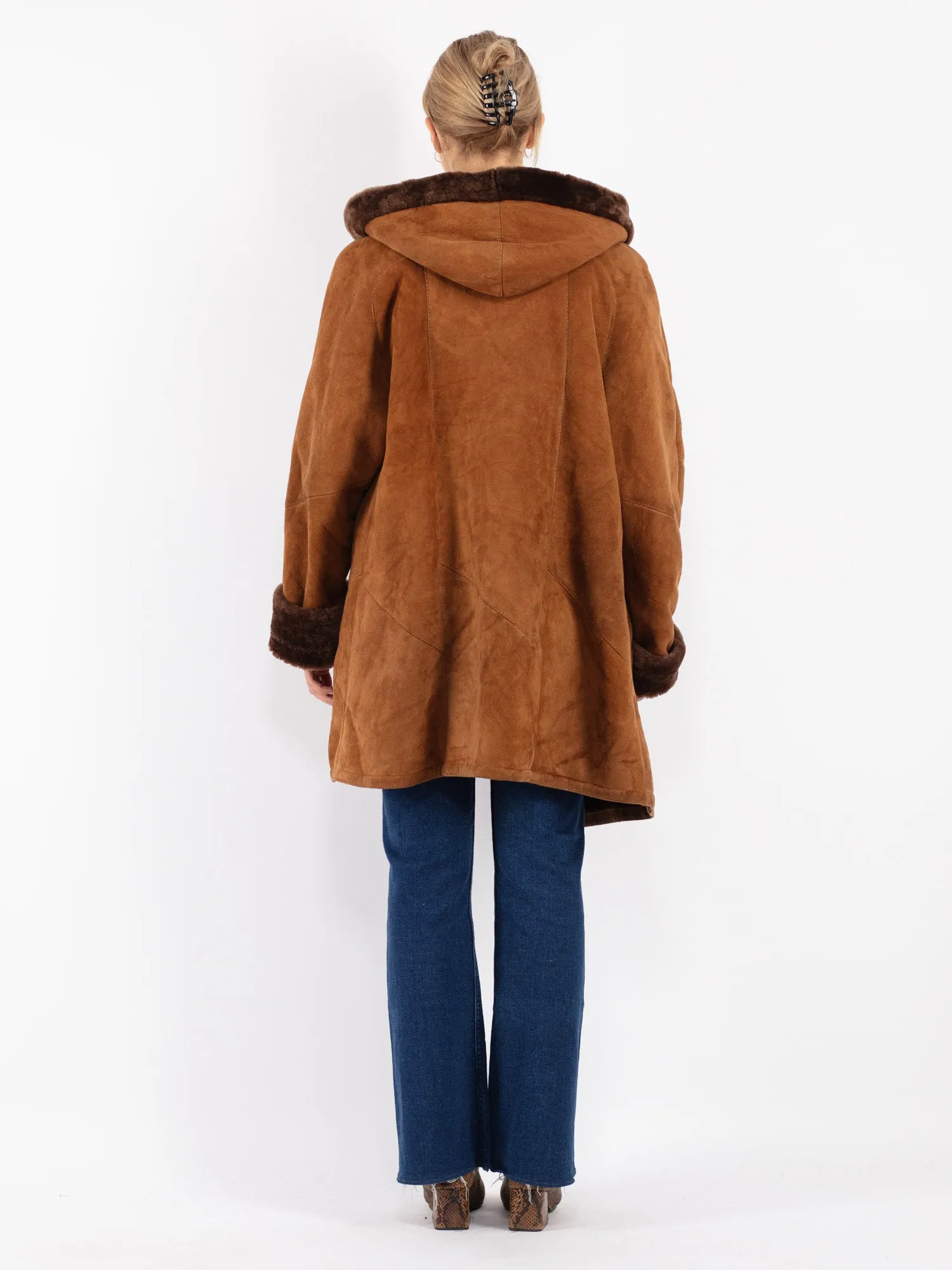 Vintage 80's Women Hooded Sheepskin Coat in Brown