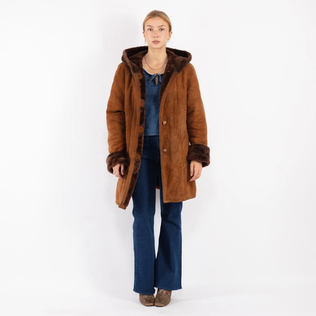 Vintage 80's Women Hooded Sheepskin Coat in Brown