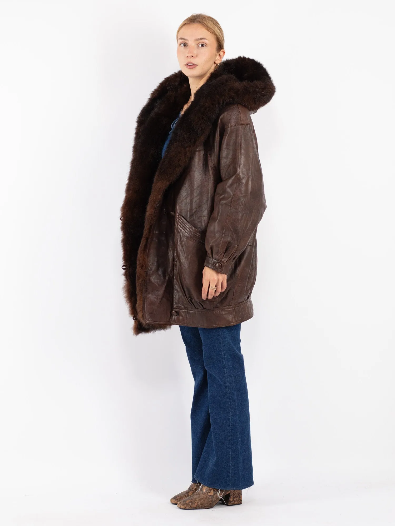 Vintage 80's Women Leather Fur Coat in Brown