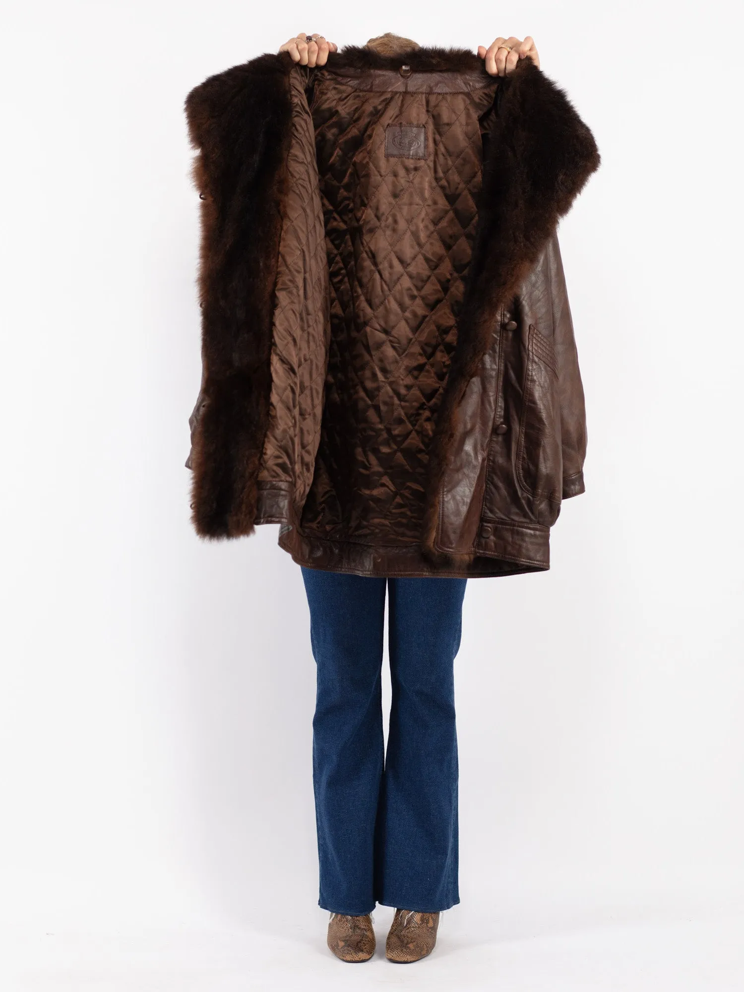 Vintage 80's Women Leather Fur Coat in Brown