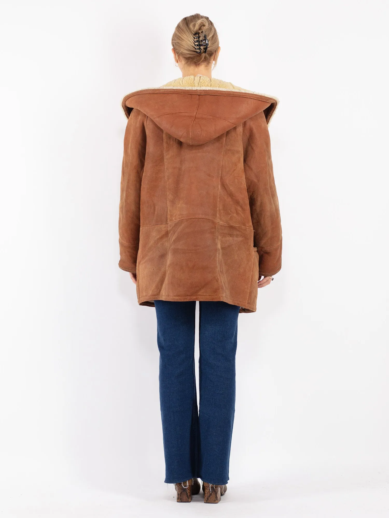 Vintage 80's Women Oversized Sheepskin Coat in Brown