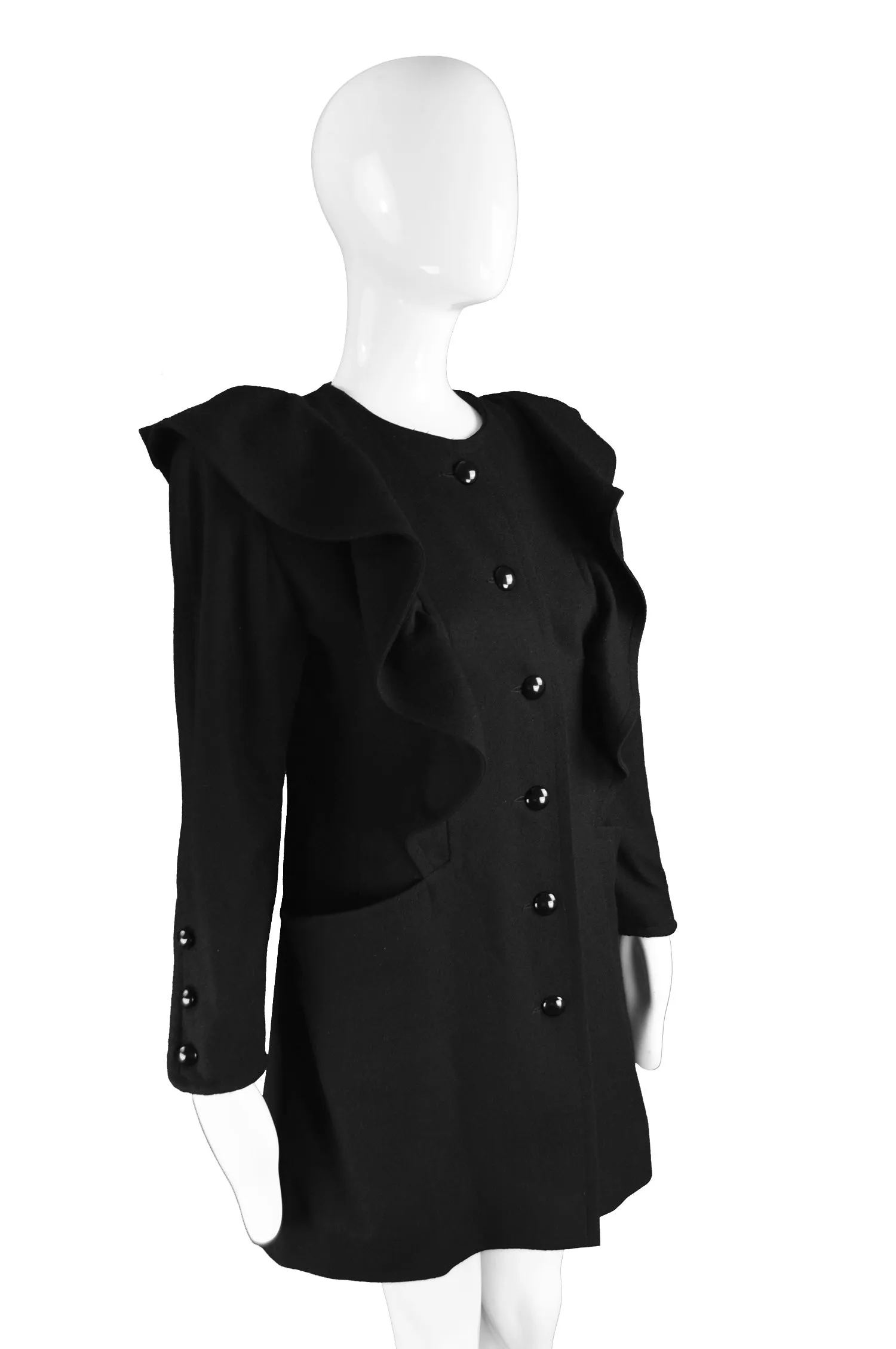 Vintage Black Wool Coat with Ruffles, 1980s