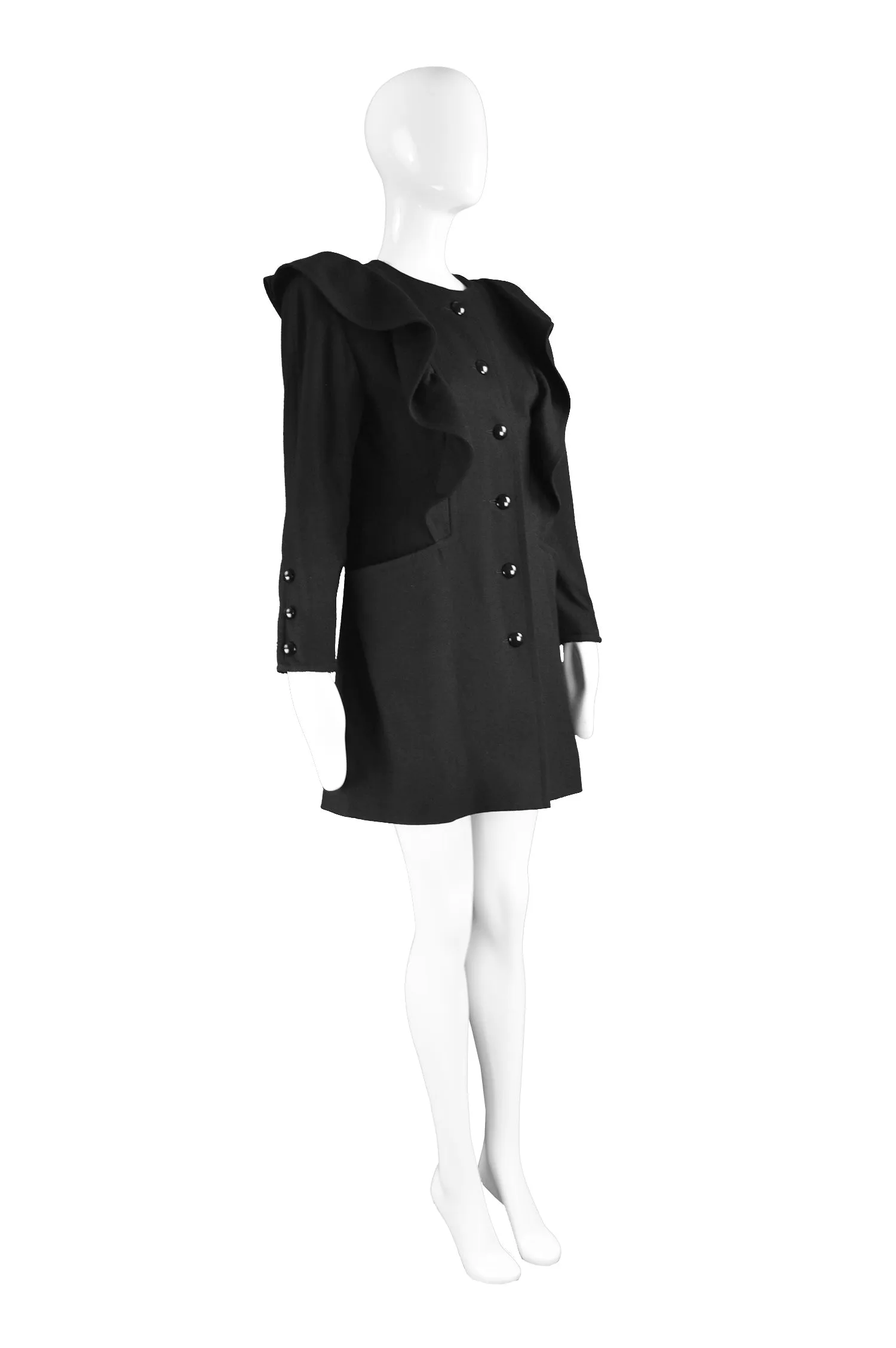 Vintage Black Wool Coat with Ruffles, 1980s