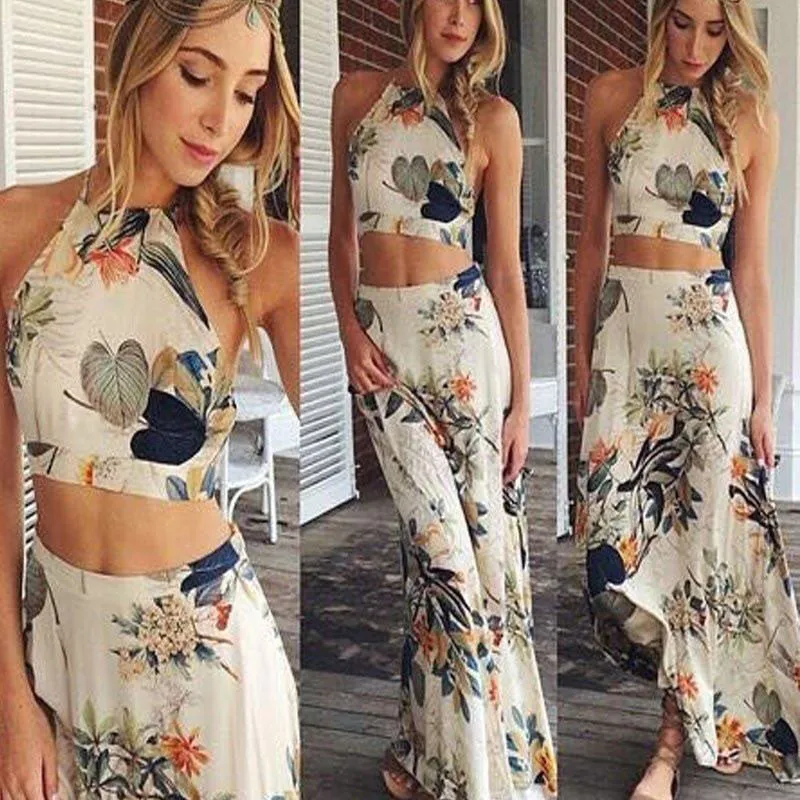 Women casual Bohemian floral sleeveless vest printed beach Dress Boho Halterneck Long Maxi Party Dress Vestidos