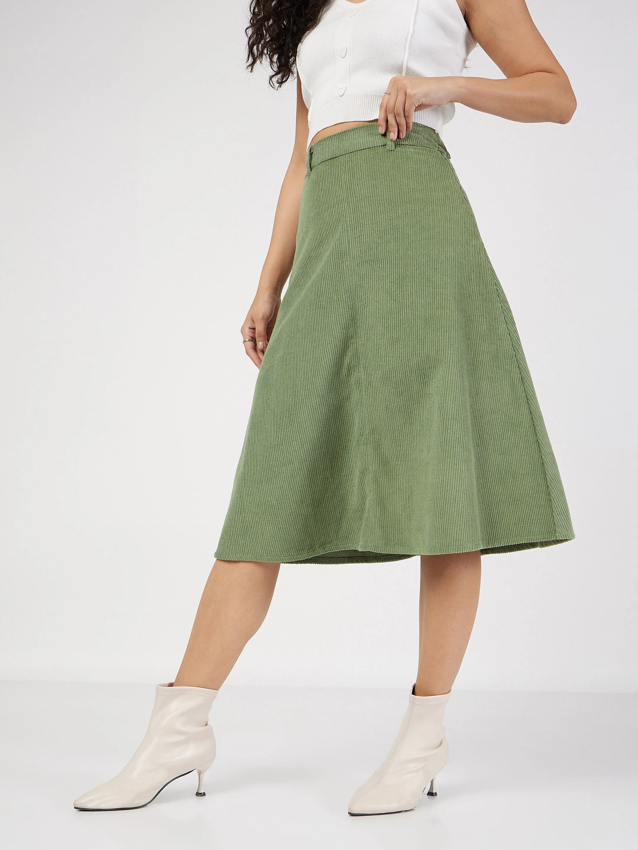 Women Olive Corduroy A-Line Midi Skirt