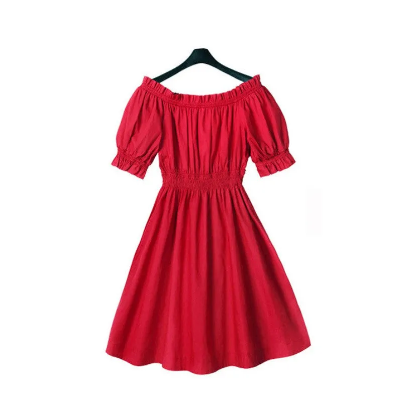 Women's Dress Pleated Off The Shoulder Sexy Party Kawaii Puff Sleeve Dress SM6