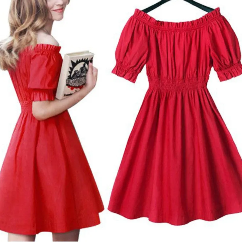 Women's Dress Pleated Off The Shoulder Sexy Party Kawaii Puff Sleeve Dress SM6