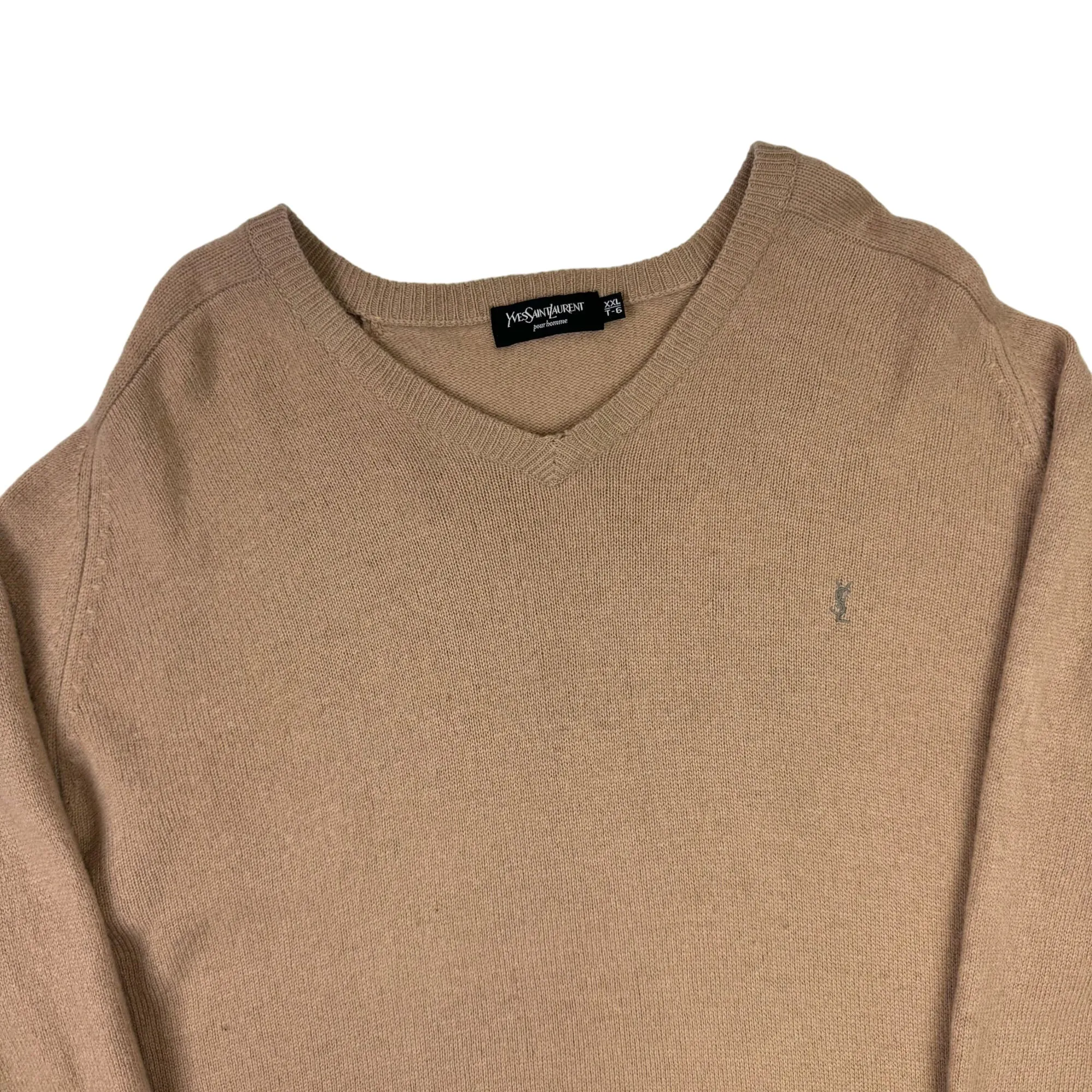 Yves Saint Laurent Pure Wool V-Neck Knit Sweater Beige