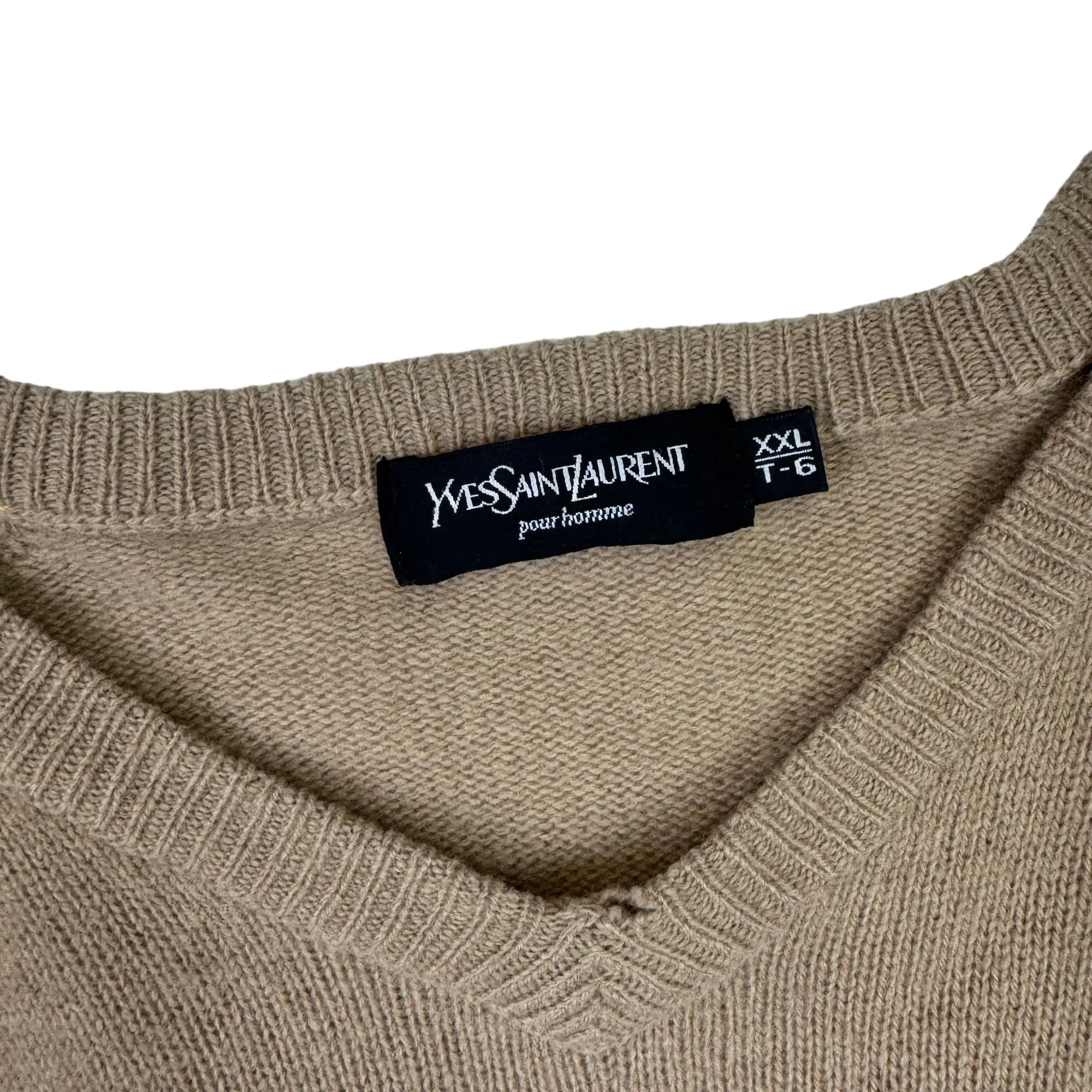 Yves Saint Laurent Pure Wool V-Neck Knit Sweater Beige